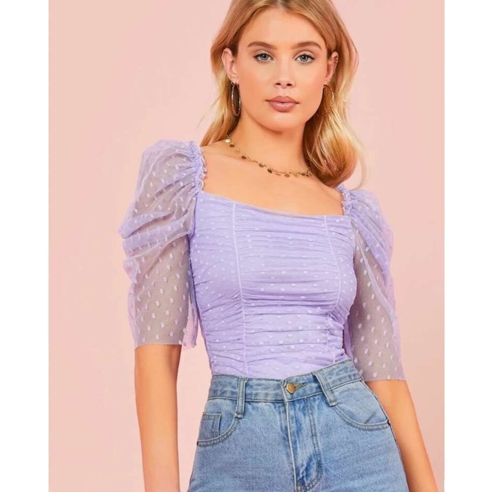 Lavender Ruched Mesh Boho Top